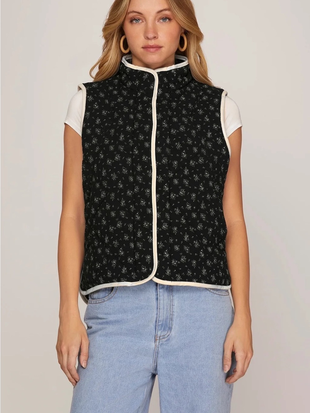 She + Sky Black Quilted Floral Vest with Cream Trim